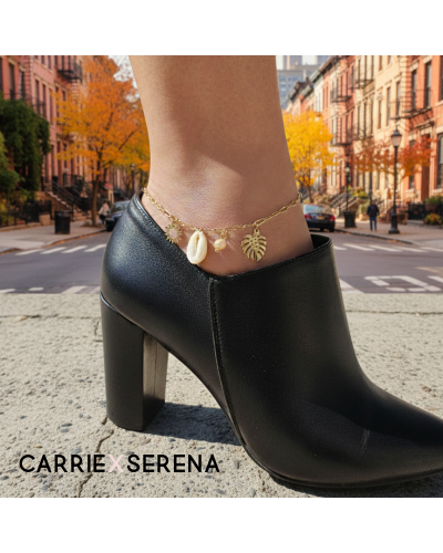 Bracelet de cheville doré femme – perle rosée & feuille dorée | CXS